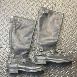 Frye Veronica Back Zip Tall Black Leather Moto Engineer Boots 77551